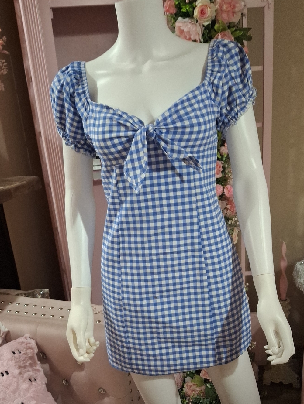 Blue Gingham Tie-Front Mini Dress  NWOT  Size S